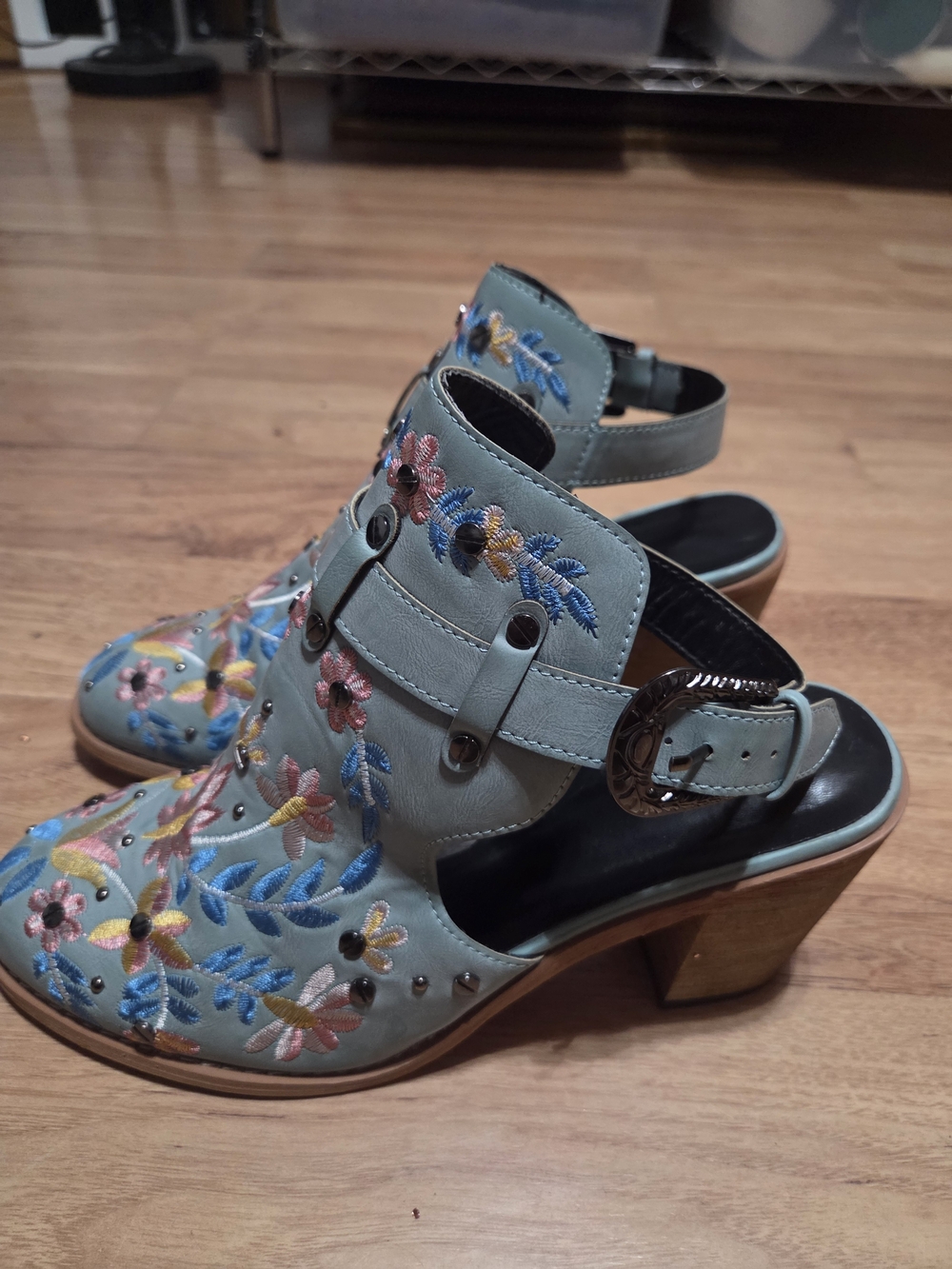 Embroidered Floral Ankle Boots in Light Teal - Picture 2 of 5